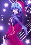  blue_eyes blue_hair blue_scarf christmas hand_in_pocket hat kaito kaizeru looking_back male_focus musical_note santa_hat scarf solo vocaloid 