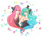  aqua_eyes aqua_hair bad_id bad_pixiv_id bug butterfly butterfly_wings dress elbow_gloves gloves hat hatsune_miku headphones imai_(wana) insect long_hair magnet_(vocaloid) megurine_luka mini_hat mini_top_hat multiple_girls pink_hair top_hat vocaloid wings yuri 