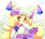  bad_id bad_pixiv_id blonde_hair bow fox_tail hat hat_bow long_sleeves multiple_tails pillow_hat short_hair sleeves_past_wrists sokomushi solo tail tassel touhou wide_sleeves yakumo_ran yellow_eyes 