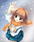  artist_request black_eyes blush bow brown_hair foreshortening from_above hair_ornament kusari looking_up orihara_akeno scarf school_uniform short_hair skirt smile snow solo source_request winter yellow_bow 