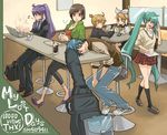  3girls ahoge aqua_hair bag blonde_hair blue_eyes blue_hair brown_eyes brown_hair cd cellphone cup formal guitar_case hair_ornament hair_ribbon hairclip hatsune_miku instrument_case kagamine_len kagamine_rin kaito kamui_gakupo long_hair meiko mug multiple_boys multiple_girls musical_note necktie phone ponytail purple_hair ribbon school_uniform serafuku skirt socks suit twintails vocaloid yukko_(gift-p) 