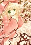  asapon blonde_hair bow dress drill_hair flower green_eyes hands_clasped hina_ichigo own_hands_together pink_bow rozen_maiden short_hair solo traditional_media 