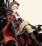  axis_powers_hetalia bad_id bad_pixiv_id boots cape cravat flower hat male_focus musketeer pirate_hat prussia_(hetalia) red_eyes rose silver_hair solo tricorne uniform yuzuki_karu 