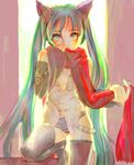  animal_ears aqua_eyes aqua_hair black_legwear boots detached_sleeves hatsune_miku long_hair lowres na2 open_clothes open_shirt panties red_scarf scarf shirt solo striped striped_panties thigh_boots thighhighs twintails underwear very_long_hair vocaloid 