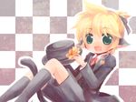  animal_ears bad_id bad_pixiv_id blonde_hair boku_wa_hai_neko_(vocaloid) cat_ears child fang formal green_eyes hat kagamine_len male_focus sakurya sitting socks solo tail vocaloid 