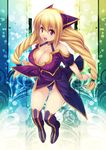  bare_shoulders blonde_hair breasts cleavage drill_hair kinoshita_ichi large_breasts long_hair looking_at_viewer open_mouth original purple_legwear red_eyes smile solo thighhighs twin_drills 