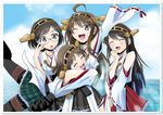  :d ;d ^_^ bare_shoulders black_hair black_legwear boots brown_eyes brown_hair closed_eyes cloud day detached_sleeves glasses hair_ornament hairband hairclip haruna_(kantai_collection) hiei_(kantai_collection) hug japanese_clothes kantai_collection kirishima_(kantai_collection) kongou_(kantai_collection) long_hair multiple_girls nanagami_ginji nontraditional_miko ocean one_eye_closed open_mouth pantyhose photo_(object) short_hair skirt smile thigh_boots thighhighs water 