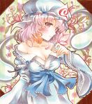  arm_garter blush breasts cleavage collarbone colored_pencil_(medium) floral_background hand_up hat head_tilt hitodama japanese_clothes kimono looking_at_viewer marker_(medium) medium_breasts mob_cap obi off_shoulder parted_lips pink_eyes pink_hair potto saigyouji_yuyuko sash shikishi short_hair sideways_glance solo striped striped_background touhou traditional_media triangular_headpiece watercolor_(medium) 
