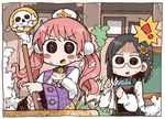  2girls adomi atelier_(series) atelier_escha_&amp;_logy black_hair blush_stickers book choker day escha_malier glasses hair_ornament hat holding long_hair long_sleeves marion_quinn multiple_girls outdoors pink_hair pom_pom_(clothes) short_hair skull_and_crossbones smoke speech_bubble spoken_exclamation_mark spoken_object spoken_skull_and_crossbones sweat twintails wide_sleeves 