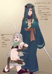  2girls aqua_eyes arabian_clothes artist_request bag belt boots bravely_default:_flying_fairy breasts cleavage dark_skin expressionless flat_chest genderswap gloves green_eyes green_hair hair_tubes height_difference hood ikuma_naerik jackal_(bravely_default) jewelry kneeling long_hair looking_at_viewer miniskirt multiple_girls open_mouth pendant reverse_grip sash short_hair silver_hair skirt sword thong translation_request turban weapon 