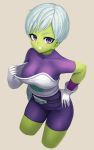  1girl bangs belt belt_buckle black_belt bodysuit breasts brown_background buckle cheelai commentary_request covered_collarbone cropped_legs dragon_ball dragon_ball_super dragon_ball_super_broly from_above gloves green_skin grin hand_on_hip highres looking_at_viewer medium_breasts purple_bodysuit purple_eyes ranma_(kamenrideroz) shirt_pull short_hair simple_background smile solo standing very_short_hair white_gloves white_hair 