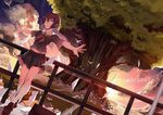  ayan bag bird brown_hair dutch_angle original outstretched_arms paper pigeon pleated_skirt purple_eyes school_bag school_uniform serafuku short_hair skirt sky solo spread_arms standing tree twilight yggdrasil 