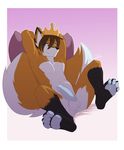 4_toes abs anthro balls bed black_nose blue_eyes blue_paws blue_penis brown_hair canine crown erection fox fur hair hindpaw male mammal muscles nude orange_fur paws penis pillow purple_background solo white_fur zeiro 