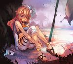  against_tree blonde_hair forest highres leg_hug long_hair looking_at_viewer midriff nature parted_lips red_eyes reflection saimon_ma sandals sitting solo tart_(tears_to_tiara_ii) tears_to_tiara tears_to_tiara_ii tree 