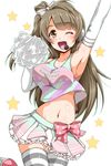  arm_up armpits blush bow brown_eyes brown_hair cheerleader elbow_gloves gloves hair_bow headset long_hair looking_at_viewer love_live! love_live!_school_idol_project midriff minami_kotori navel one_eye_closed one_side_up open_mouth pom_poms skirt smile solo striped striped_legwear takaramonozu thighhighs white_gloves yopparai_oni 
