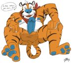  3_toes anthro balls blue_nipples blue_penis erection feline fur kellogg's male mammal mascot nipples nude penis plain_background scarf skoogers solo tiger tony_the_tiger 