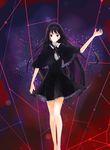  akemi_homura bad_proportions barefoot black_hair dress facial_mark funeral_dress hairband highres long_hair looking_at_viewer mahou_shoujo_madoka_magica mahou_shoujo_madoka_magica_movie red_eyes solo spoilers walking 