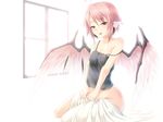  ahoge animal_ears ayagi_daifuku backlighting bare_arms bare_shoulders bird_wings blanket bottomless breasts chemise cleavage collarbone looking_at_viewer medium_breasts mystia_lorelei naked_shirt off_shoulder open_mouth pink_eyes pink_hair shirt sitting solo strap_slip touhou v_arms waking_up window wings 