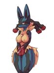  anthro breasts female fur happy looking_at_viewer lucario mega_evolution mega_lucario nintendo nipples nude plain_background pok&#233;mon pok&eacute;mon smile solo somna spikes standing video_games white_background wide_hips 