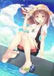  alternate_costume bad_id bad_pixiv_id barefoot cloud day dutch_angle feet flip-flops futatsukiaiji hat highres jewelry kantai_collection legs nail_polish necklace sandals shoes single_shoe sitting sky soaking_feet soles solo straw_hat toes water zuihou_(kantai_collection) 