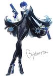  alternate_hair_length alternate_hairstyle ankle_gun bayonetta bayonetta_(character) bayonetta_2 black_hair blue_eyes bodysuit coat concept_art crossed_legs earrings full_body glasses gloves gun handgun jewelry lipstick long_legs makeup official_art quadruple_wielding shimazaki_mari short_hair solo standing weapon white_gloves 