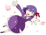  ^_^ blush_stickers capsule_servant closed_eyes dress fate/zero fate_(series) full_body highres matou_sakura medori official_art outstretched_arms petals purple_dress purple_hair short_hair solo transparent_background 