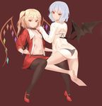  ass bare_legs barefoot black_panties blonde_hair blue_hair breasts collar flandre_scarlet multiple_girls mx2j_(nsh6394) navel open_clothes open_shirt panties pantyhose parted_lips red_eyes remilia_scarlet see-through shirt short_hair side_ponytail small_breasts smile touhou underwear wings 