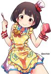  &gt;:) apron bad_id bad_pixiv_id black_hair blush brown_eyes frills idolmaster idolmaster_million_live! looking_at_viewer nakatani_iku narumi_arata smile solo toothbrush v-shaped_eyebrows wrist_cuffs 