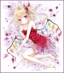  alternate_costume bare_arms bare_legs bare_shoulders barefoot blonde_hair border colored_pencil_(medium) dress flandre_scarlet flower gradient gradient_background hair_ribbon hand_on_own_chest light_smile looking_at_viewer lying marker_(medium) on_side potto red_eyes red_flower red_rose ribbon rose shikishi short_hair side_ponytail solo strapless strapless_dress touhou traditional_media watercolor_(medium) wings 
