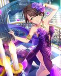  artist_request bare_shoulders bracelet brown_hair candlelight checkered checkered_floor dress earrings flower green_eyes hair_flower hair_ornament idolmaster idolmaster_cinderella_girls jewelry necklace official_art petals purple_dress shinohara_rei short_hair solo 