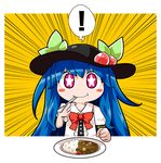  1girl blue_hair blush_stickers bow byourou chibi curry curry_rice eating emphasis_lines food fruit hat hinanawi_tenshi long_hair peach red_eyes rice smile solo star star-shaped_pupils symbol-shaped_pupils touhou 