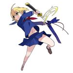  ahoge alternate_costume alternate_weapon artoria_pendragon_(all) bangs blonde_hair breasts capsule_servant fate_(series) fighting_stance floral_print foreshortening frown full_body green_eyes hair_between_eyes hair_bun holding holding_weapon katana kneehighs leg_up loafers long_sleeves looking_to_the_side master_artoria medori midriff navel neckerchief official_art pleated_skirt scabbard school_uniform serafuku sheath shirt shoes short_hair sidelocks simple_background skirt small_breasts socks solo sword unsheathing weapon white_background white_legwear 