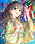  bamboo black_eyes black_hair green_kimono hair_ornament idolmaster idolmaster_cinderella_girls japanese_clothes kimono kobayakawa_sae long_hair official_art open_mouth smile solo tanabata tanzaku 