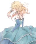  bare_shoulders black_bullet blonde_hair blue_gloves closed_eyes closed_mouth dress elbow_gloves frilled_dress frills from_behind gloves green_dress hair_ornament long_hair looking_down mo_(k40633) solo tina_sprout x_hair_ornament 