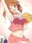  ;d armpits blush book bouncing_breasts breasts brown_eyes brown_hair cheerleader heart hoppege large_breasts midriff miniskirt nakahara-kun_no_kahogo_na_imouto nakahara_maria navel one_eye_closed open_mouth pleated_skirt pom_poms sideboob skirt smile solo thinking 