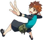  brown_eyes brown_hair capsule_servant emiya_shirou fanny_pack fate/stay_night fate_(series) full_body highres male_focus medori official_art raglan_sleeves shoes shorts sneakers solo white_background wristband 
