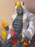  abs anthro beckoning biceps claws clothed clothing erection feline fur hair half-dressed happy looking_away male mammal manly muscles pecs penis plain_background rabbity sharp_claws smile solo sweater teeth tiger underwear vein veiny_penis 