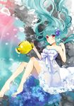  aqua_hair bare_shoulders barefoot breasts bubble cleavage dress fish flower hair_flower hair_ornament highres legs long_hair medium_breasts original pink_eyes ryuuta_(akatukiryoka) smile solo underwater 