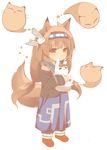  animal_ears brown_eyes brown_hair detached_sleeves fox_ears fox_tail ghost hair_ornament hairband hazuki_ruu highres long_hair long_sleeves original shirt simple_background skirt solo tail very_long_hair white_background 