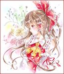  ascot baby's-breath border bow brown_hair colored_pencil_(medium) daisy detached_sleeves floral_background flower hair_bow hair_tubes hakurei_reimu light_smile long_hair marker_(medium) potto profile red_eyes shikishi solo touhou traditional_media upper_body vest watercolor_(medium) white_background 