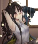  1girl adjusting_hair armpits arms_behind_head arms_up bandaid bandaid_on_nose black_hair black_legwear blush breasts c-ms_(girls_frontline) expressionless eyes girls_frontline highres jacket long_hair looking_at_viewer medium_breasts messy_hair mole mole_under_eye red_eyes shirt signature sleeveless sleeveless_shirt solo star sun_miru thighhighs torn_clothes torn_legwear window zipper 