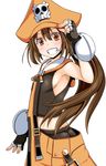  blush breasts brown_eyes brown_hair butt_crack fang fingerless_gloves gloves grin guilty_gear hat long_hair may_(guilty_gear) orange_hat pirate_hat ponkotsu ponytail sideboob skull_and_crossbones small_breasts smile solo 
