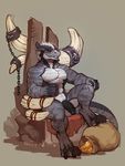  abs anthro balls biceps black_penis chain dragon gold grey_markings half-erect holding horn humanoid_penis male muscles nude penis redic-nomad scalie seated tharis throne uncut 