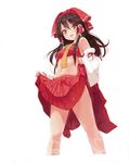  bare_shoulders blush bow brown_hair crop_top crop_top_overhang detached_sleeves hair_bow hair_tubes hakurei_reimu long_hair looking_at_viewer midriff mx2j_(nsh6394) navel open_mouth red_eyes skirt skirt_lift smile solo touhou wide_sleeves 