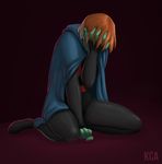  1girl alien cape dc_comics female green_skin hand_on_head head_rest kneeling long_sleeves miss_martian solo upset 