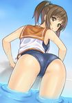 ass bad_id bad_pixiv_id blush brown_eyes brown_hair dansa hair_ornament highres i-401_(kantai_collection) kantai_collection looking_at_viewer looking_back one-piece_swimsuit open_mouth ponytail school_swimsuit school_uniform short_hair short_ponytail solo swimsuit swimsuit_under_clothes wading water 
