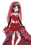  adapted_costume bad_id bad_pixiv_id black_hair blue_eyes blush bouquet choker dress elbow_gloves flower gloves kamui_(kill_la_kill) kill_la_kill matoi_ryuuko midriff navel o-nashi_neko red_dress red_wedding_dress senketsu short_hair smile solo suspenders tiara veil wedding_dress white_background 