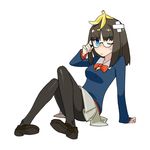  banana_peel bandaid black_legwear blue_eyes blush breasts brown_hair capsule_servant crossed_bandaids fallen_down fate/prototype fate_(series) glasses loafers medori official_art one_eye_closed pantyhose pigeon-toed sajou_ayaka school_uniform semi-rimless_eyewear shoes short_hair skirt small_breasts solo sweatdrop under-rim_eyewear v-neck 