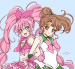  2girls back-to-back back_bow bishoujo_senshi_sailor_moon bishoujo_senshi_sailor_moon_crystal blue_background blue_eyes blush bow braid brooch brown_hair choker colored_eyelashes company_connection crossover cure_melody dated earrings elbow_gloves french_braid frills gloves green_choker green_eyes green_sailor_collar green_skirt hair_ribbon houjou_hibiki jewelry kino_makoto koshimizu_ami locked_arms long_hair magical_girl multiple_girls pink_bow pink_hair pink_skirt ponytail precure ribbon sailor_collar sailor_jupiter sailor_senshi_uniform seiyuu_connection short_hair signature skirt smile suite_precure tiara touei twintails very_long_hair white_gloves wrist_cuffs yukinami_(paru26i) 