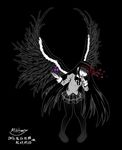  2014 akemi_homura akuma_homura black_background black_hair black_legwear black_wings bow dark_orb_(madoka_magica) dated facing_viewer feathered_wings finger_to_mouth hair_bow hair_over_eyes highres long_hair mahou_shoujo_madoka_magica mahou_shoujo_madoka_magica_movie mistery monochrome no_eyes pantyhose pleated_skirt school_uniform shushing signature simple_background skirt smile solo spoilers wings 
